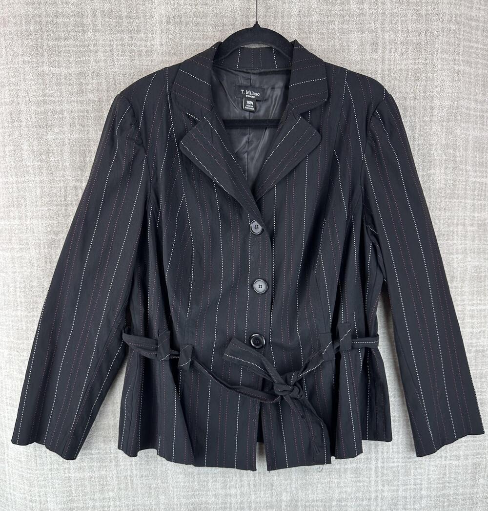 T. Milano Blazer Womens 16W Black Short Collared Lined Pockets Belted Business